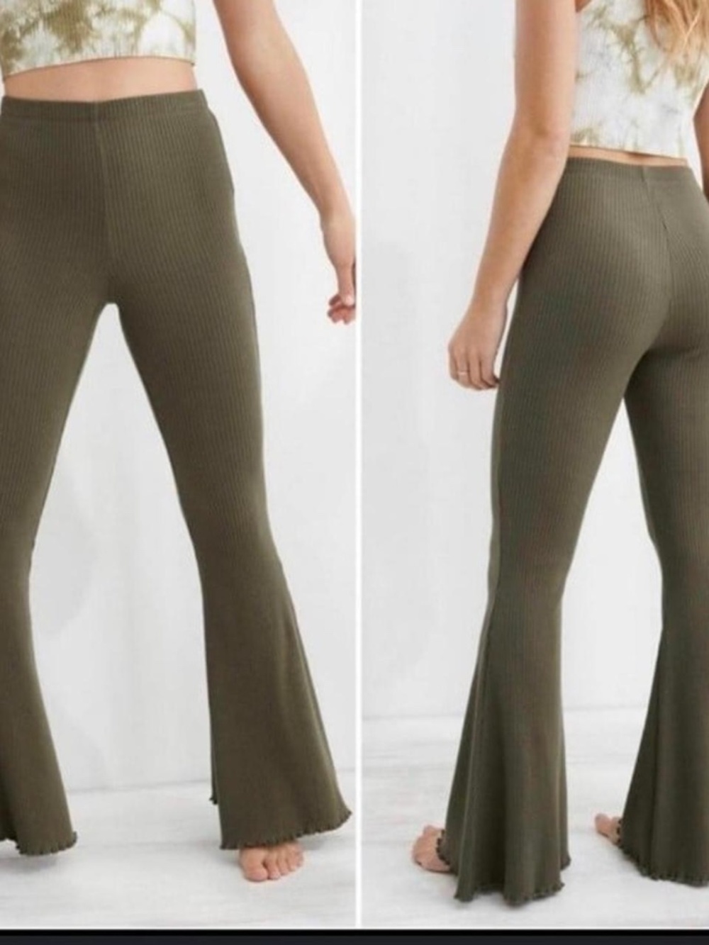 Aerie Olive Green High Waisted Ribbed Flare Pants Women’s Medium Boho Lounge Yog